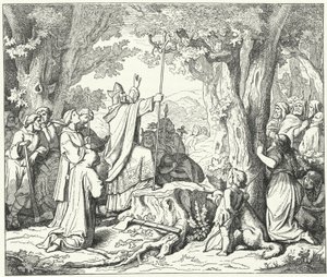 St Bonifatius fäller Donars ek, helig för de hedniska tyskarna (gravyr) av German School