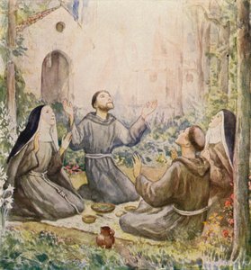 Franciskus och Klara av Assisi äter måltiden utanför kyrkan St Mary of the Angels (färglitografi) av German School