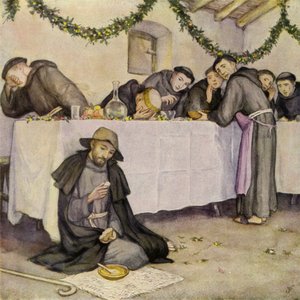S:t Franciskus och en lektion i helig fattigdom (färglitografi) av German School