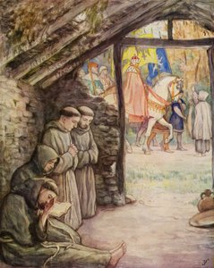 Franciskus och hans anhängare i helgedomen i Rivotorto (färglitografi) av German School