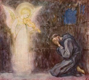S:t Franciskus och ängeln med den himmelska violinen (färglitografi) av German School