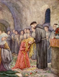 S:t Franciskus klipper håret på S:ta Klara av Assisi (färglitografi) av German School