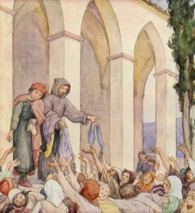 S:t Franciskus hjälper de fattiga (färglitografi) av German School