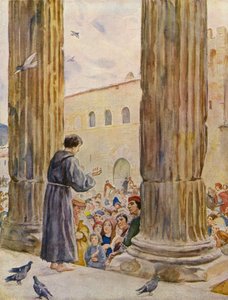 Sankt Franciskus håller sin första predikan (färglitografi) av German School