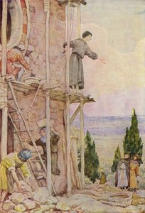 Sankt Franciskus restaurerar kyrkan i San Damiano (färglitografi) av German School