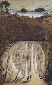 Stalaktiter och stalagmiter i en grotta (färg litho) av German School