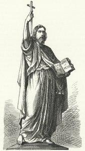 Staty av St Bonifatius (c675-754), anglosaxisk missionär till de germanska delarna av det frankiska riket, i Fulda (gravyr) av German School