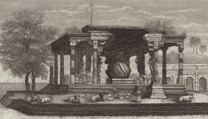 Staty av den heliga tjuren Nandi i ett hinduiskt tempel i Tanjore, Indien. Illustration för Bilder-Atlas (gravyr) av German School
