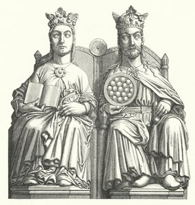Statyer vid katedralen i Magdeburg kallad "The Royal Couple" tänkte porträttera kung Otto I och hans fru Edith av England (gravyr) av German School