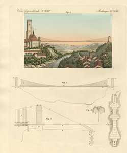 Hängbro i Freiburg i Schweiz (färgad gravyr) av German School