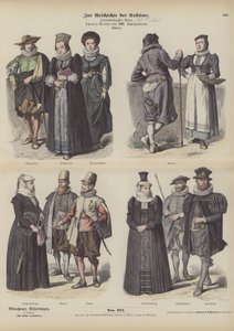 Schweiziska dräkter, mitten av 1600-talet (färgad gravyr) av German School