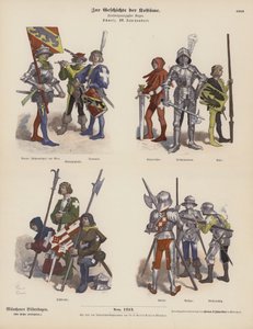 Schweiziska militärdräkter från 1400-talet (färgad gravyr) av German School