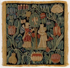 Gobeläng kuddfodral föreställande Bebådelsen, från Niedersachsen eller Danmark, efter 1600 (ull) av German School