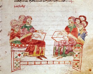 Undervisningsscen i en miniatyrskola hämtad från volymen "de Gymnasium" i "De Universo" (eller De rerum naturis (De la Nature des choses)) (kod 132) av Rabanus Maurus Magnentius (eller Raban Maur eller Rabano Mauro) ( ca 780-856). 9:e århundradet. Arkiv fö av German School