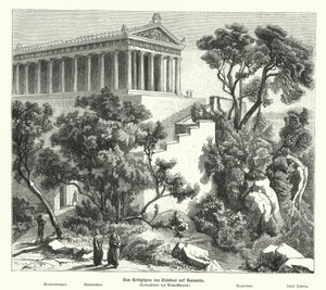 Poseidons tempel, Kalaureia, Grekland, där Demosthenes tog sin helgedom innan han tog gift 322 f.Kr. (gravyr) av German School