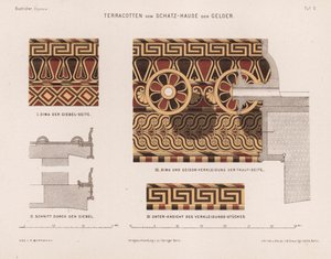 Terrakottadekorationer från skattkammaren i Gela, Olympia, Grekland (färg litho) av German School