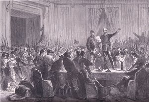 Den 106:e bataljonen av nationalgardet levererar Trochu på Hotel De Ville, Cassells historia om kriget mellan Frankrike och Tyskland publicerad av Cassell and Company Limited, ca 1890 (litho) av German School