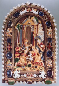 The Adoration of the Kings, reliefplakett inramad med miniatyrfigurer av de fyra evangelisterna och putti omväxlande med safirer, från München (emalj, förgylld, halvädelstenar, pärlor) av German School