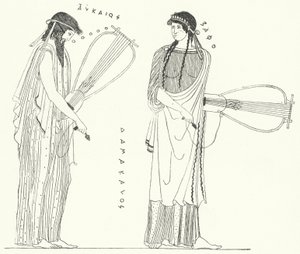 Den antika grekiske poeten Alcaeus och hans älskare Sappho (gravyr) av German School