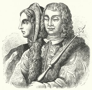 De katolska monarkerna, Isabella I av Kastilien och Ferdinand II av Aragon (gravyr) av German School