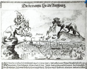 Staden Augsburg tvingades acceptera katolsk dominans 1629 (gravyr) (bw foto) av German School