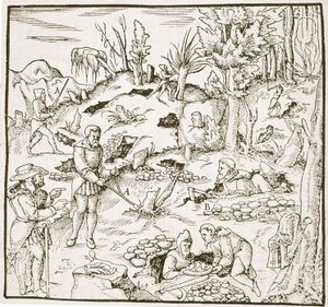The Divining Rod, från Bergwerk Buch av Georg Agricola, Frankfurt 1580, illustrerad i en History of Magic, publicerad i slutet av 1800-talet av German School