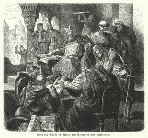 Kejsaren Karl den Store omgiven av forskare och medlemmar av prästerskapet (gravyr) av German School