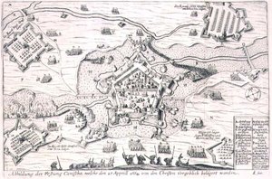 Fästningen Canischa belägrade förgäves av de kristna 1664, illustration från en bok om de osmanska kampanjerna i Europa, graverad av Paul Furst (ca 1605-66) (gravyr) av German School