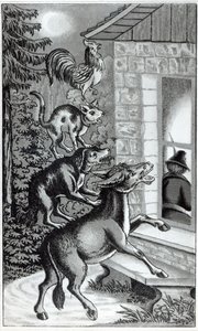 De fyra djuren som ropar mot fönstret, illustration till The Musicians of Bremen Town, berättelse av bröderna Grimm av German School