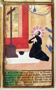 Den franske fadern jesuiten Jean Francois Regis (1597-1640) knäböjer inför ett krucifix, från The Jesuits Martyrology, 1688 av German School
