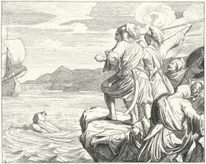 Den helige romerske kejsaren Otto II flyr från grekerna efter sitt nederlag i slaget vid Stilo, 982 (gravyr) av German School