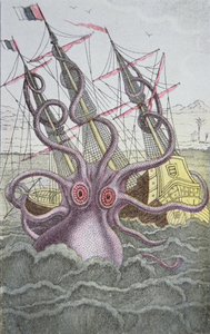 Kraken drar ner ett skepp (färgad gravyr) av German School