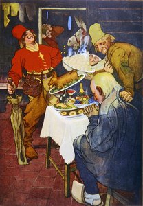 Det magiska bordet och den gyllene åsnan, illustration av en saga av bröderna Grimm av German School