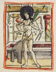 The Man of Sorrows, ca 1480-1490 (handfärgat träsnitt) av German School