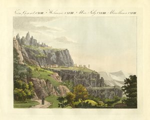 Montserrat i Spanien (färgad gravyr) av German School