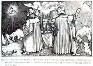 The Planetary Systems, från The Consolation of Philosophy av Boethius, publicerad 1537, illustration från Science and Literature in The Middle Ages and Renaissance, skriven och graverad av Paul Lacr av German School