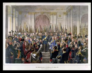 Tillkännagivandet av Wilhelm som kejsare av det nya tyska riket, i Spegelsalen i Versailles den 18 januari 1871, 1871 (färgstick) av German School