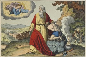 Isaacs offer av Abraham, illustration från Lancien Testamentet, utgiven av Jakob Ferdinand Schreiber, Esslingen (färgstick) av German School