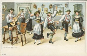 Schuhplattler-dansen (färg litho) av German School