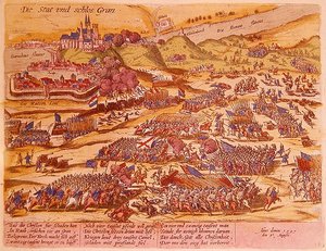 Belägringen av Esztergom 1595 (färgad gravyr) av German School