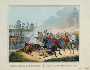Belägringen av Lucknow i Uttar Pradesh under det indiska upproret 1857, bildblad publicerat av P.C. Geissler, Nürnberg, 1857 av German School