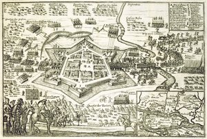 Belägringen av Neuhausel av turkarna 1663, illustration från en bok om de osmanska kampanjerna i Europa, graverad av Paul Furst (ca 1605-66) av German School