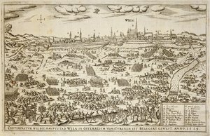 Belägringen av Wien 1529, illustration från en bok om de osmanska kampanjerna i Europa, graverad av Paul Furst (ca 1605-66) av German School