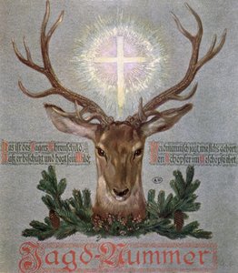 The Stag of St. Hubert (655-727), omslagsillustration från en jaktdagbok, 1908 av German School