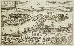 Staden Tokay återvunnen från turkarna av Herr Schwendi 1565, illustration från en bok om de osmanska kampanjerna i Europa, graverad av Paul Furst (ca 1605-66) av German School