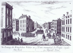 De kungliga truppernas triumferande intåg i New York, 1776, graverad av Francois Xavier Habermann av German School