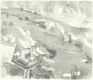Unionens flotta attackerar Fort Jackson och Fort St Philip, Louisiana, amerikanska inbördeskriget, 1862 av German School