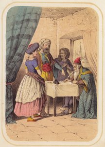 Banditen, Albondokani, i en scen från Tusen och en natt (färg litho) av German School