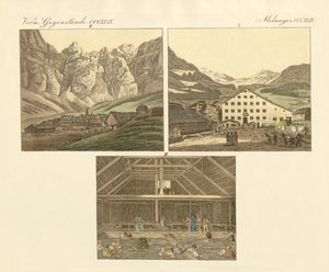 Leukers bad i kantonen Wallis (färgad gravyr) av German School