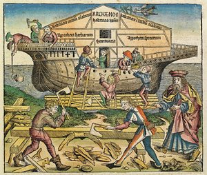 Byggnaden av Noahs ark, publicerad i Nürnbergkrönikan, 1493 av German School